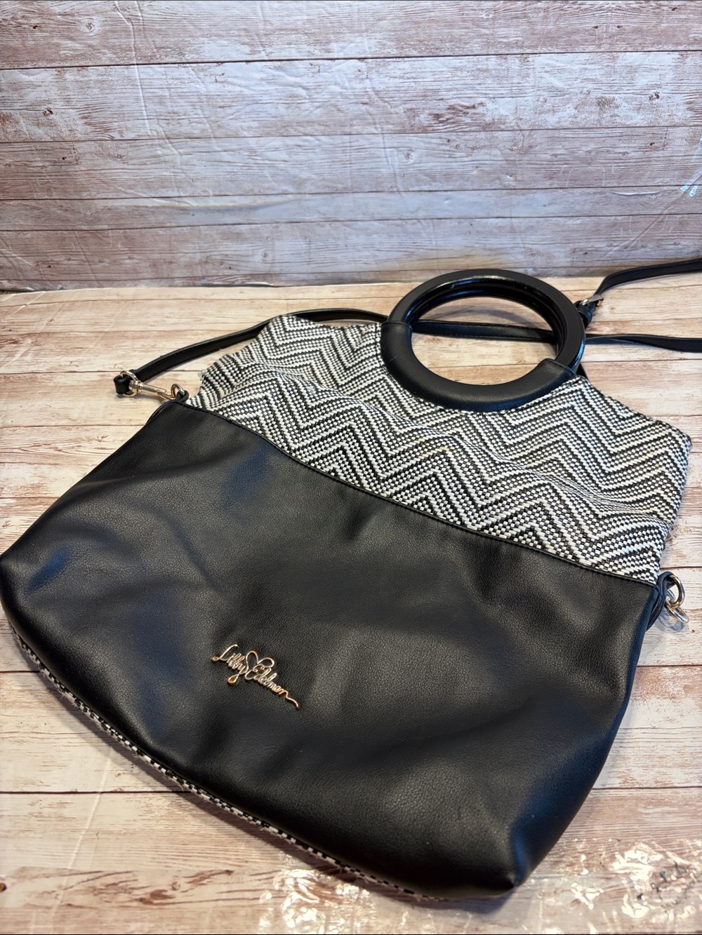 libby. edelman Black and White Chevron Shoulder Bag with Ring Handles
